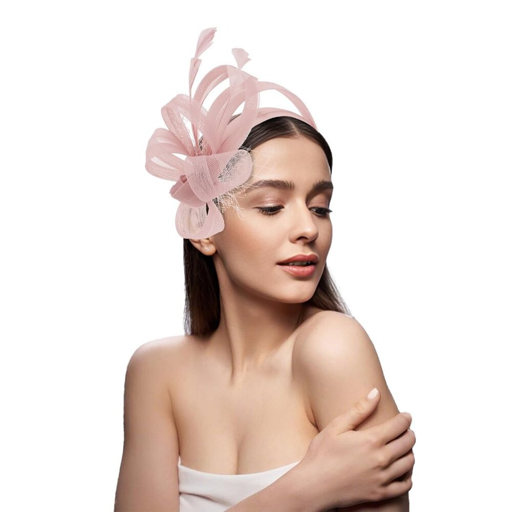 Fascinators Hats Headband with Clips Feather Pink Tea Party Derby Hats Dress 192 - Picture 4 of 7